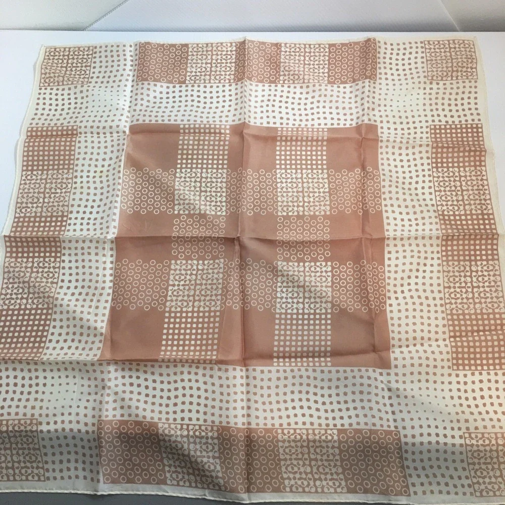 MCM Vintage Scarf Tan White Geometric Abstract 27 in Square Rolled Hem